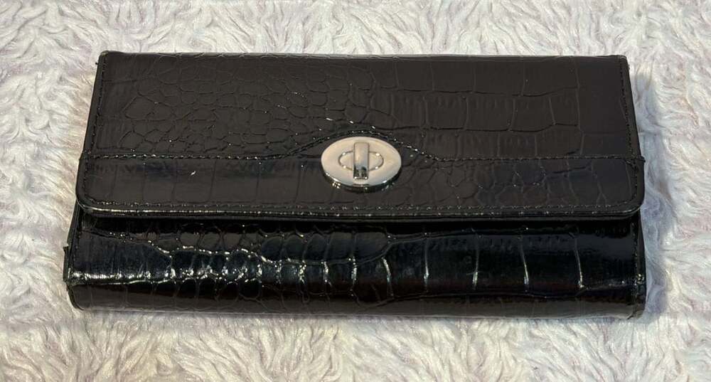 Couronne Black Crocodile Embossed Patent Leather Trifold Wallet